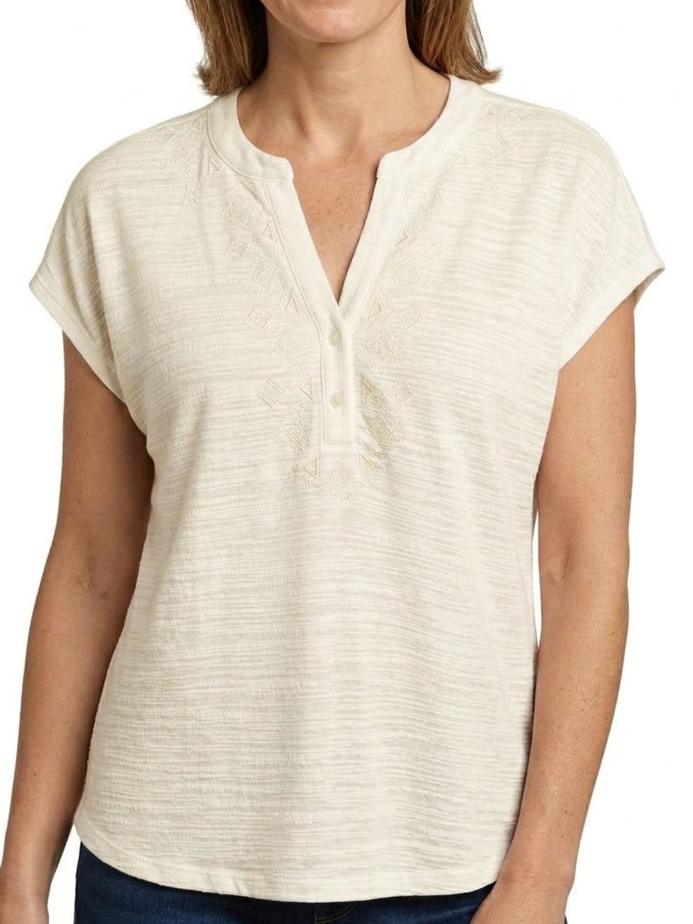 Orvis Cream Embroidered Textured V-Neck Top Size Large NWT